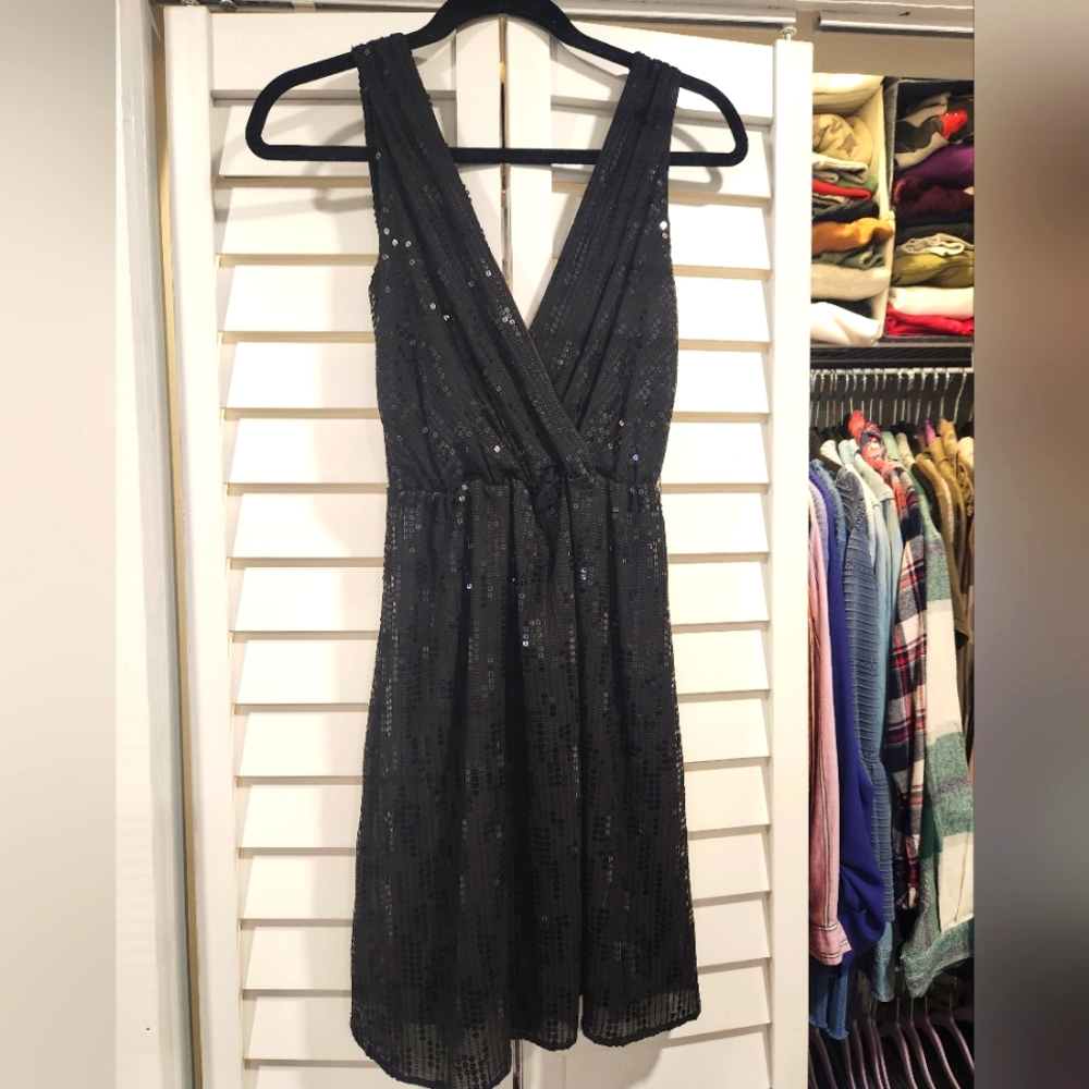 Express Sequin Black A-Line Wrap Dress Sz XS